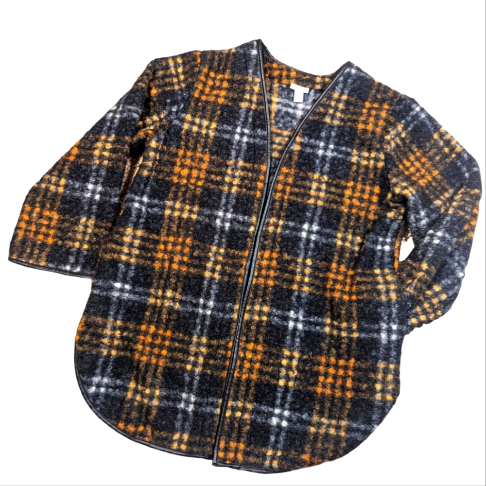 Ava + Viv Women's Teddy Plaid Cozy‎ Jacket Black Gold Cream Size XL